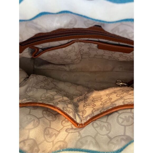 NWOT VINTAGE Blue/cream Stripe, camel leather, gold details Michael Kors Purse - Picture 8 of 8